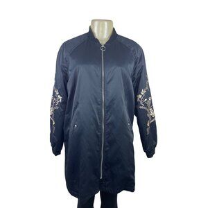 Mango Womens  Black Embroidered Long Bomber Jacket With Floral Sleeve Details Sz